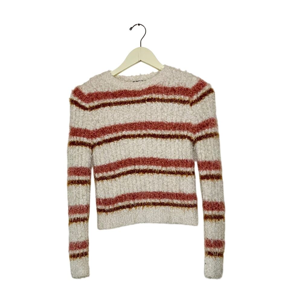 Freshman 1996 Striped Knit Sweater Size Small White Brown Cropped Long Sleeve